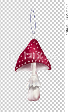 Watercolor illustration of New Year and Christmas tree decoration, toadstool. Vintage mushroom decoration. Watercolor illustration of New Year and Christmas tree decoration, toadstool. Vintage mushroom decoration. 133593697