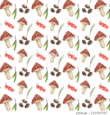 Autumn watercolor seamless pattern of toadstools, berries, spruce twigs, acorns. 133593707