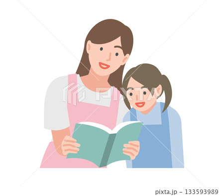 子供と絵本を読むエプロンの女性 133593989