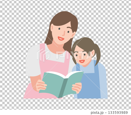 子供と絵本を読むエプロンの女性 133593989
