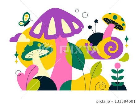 Mushrooms Vector Illustration Featuring Different Mushrooms, Grass And Insects In A Flat Style Cartoon Background Mushrooms Vector Illustration Featuring Different Mushrooms, Grass And Insects In A Flat Style Cartoon Background 133594001