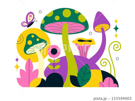 Mushrooms Vector Illustration Featuring Different Mushrooms, Grass And Insects In A Flat Style Cartoon Background 133594003