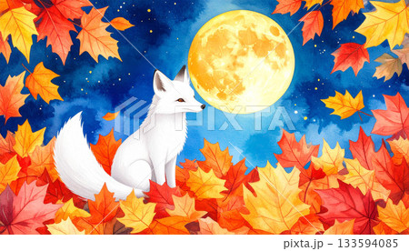 満月と紅葉に囲まれた白い狐 133594085