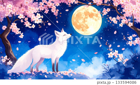 満開の桜と白い狐の春の夜 133594086