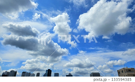 Sky view adorned with towering buildings, captured from below. The perspective showcases the majestic structures blending harmoniously with stunning clouds and a vibrant, clear sky. Sky view adorned with towering buildings, captured from below. The perspective showcases the majestic structures blending harmoniously with stunning clouds and a vibrant, clear sky. 133594385
