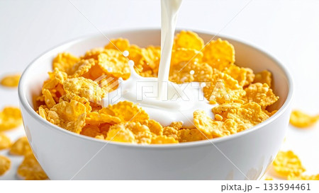 コーンフレークに牛乳を注ぐイメージ 16:9サイズ 133594461