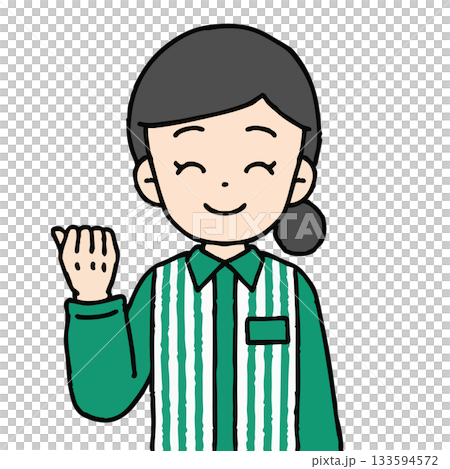 A female convenience store clerk is doing a fist pump 133594572