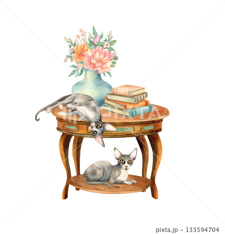 Two sphynx cat on round wooden vintage table with stack of books and vase of flowers. Cozy home interior with pet. Watercolor isolated illustration, hand drawn furniture with set literature, peonies Two sphynx cat on round wooden vintage table with stack of books and vase of flowers. Cozy home interior with pet. Watercolor isolated illustration, hand drawn furniture with set literature, peonies 133594704