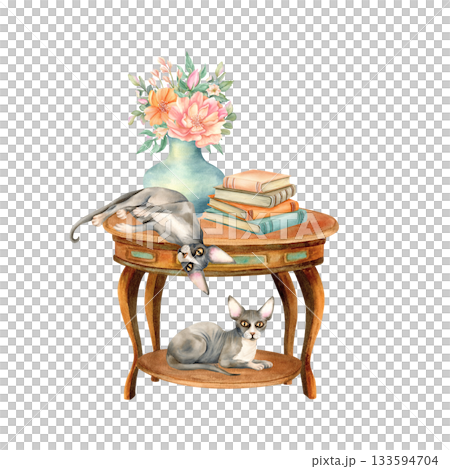 Two sphynx cat on round wooden vintage table with stack of books and vase of flowers. Cozy home interior with pet. Watercolor isolated illustration, hand drawn furniture with set literature, peonies 133594704
