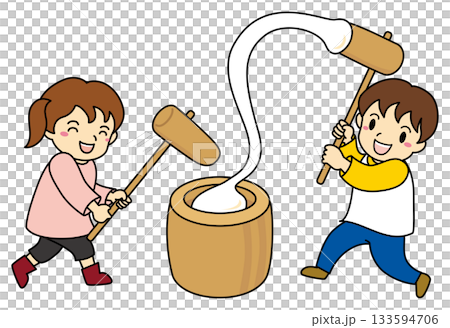 Illustration of a boy and girl pounding stretchy mochi Illustration of a boy and girl pounding stretchy mochi 133594706