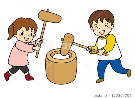 お餅つきをする男の子と女の子イラスト お餅つきをする男の子と女の子イラスト 133594707