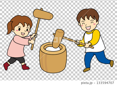男孩和女孩搗年糕的插圖 133594707