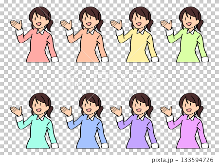 一位年輕女子舉起一隻手引導。 一位年輕女子舉起一隻手引導。 133594726