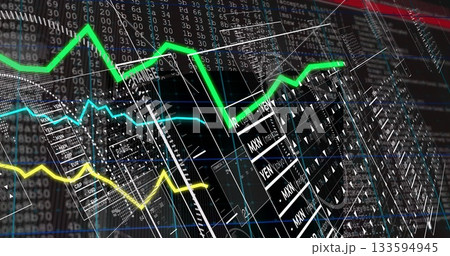Animating 3D line charts and currency codes on trading dashboard, with numeric codes, grid axes Animating 3D line charts and currency codes on trading dashboard, with numeric codes, grid axes 133594945
