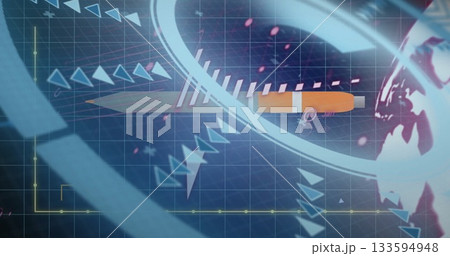 Displaying central orange projectile shape rotating on blue grid in HUD interface, with arrow icons Displaying central orange projectile shape rotating on blue grid in HUD interface, with arrow icons 133594948