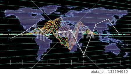 Showing world map with colorful waveforms and grid lines on dark data console, white trend polyline Showing world map with colorful waveforms and grid lines on dark data console, white trend polyline 133594950