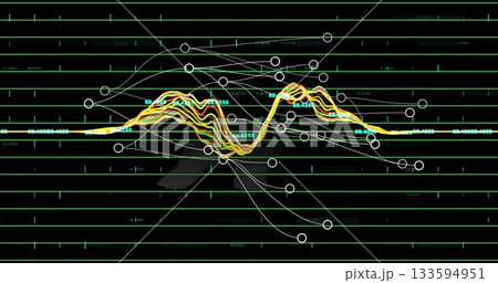 Displaying multilayer waveform pulsing on dashboard, with white nodes, connectors and green grid Displaying multilayer waveform pulsing on dashboard, with white nodes, connectors and green grid 133594951