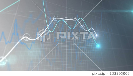 Displaying white and cyan line graphs on 3D grid plane with glowing nodes, faint blue waveform 133595003
