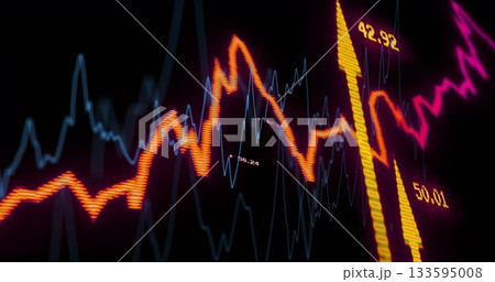 Displaying orange line crossing blue line with magenta line, yellow bars and grid lines on screen 133595008