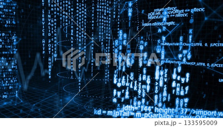 Streaming code snippets over grid floor, with alphanumeric streams forming waveform data tunnel 133595009