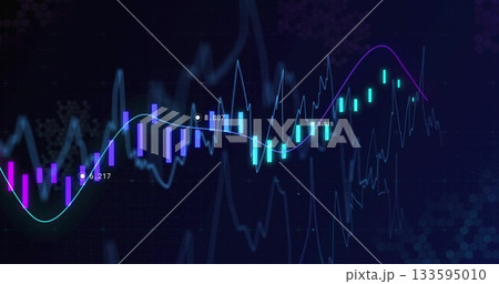 Displaying financial chart with purple, aqua candlestick bars on dark interface with data markers 133595010