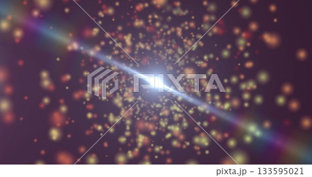 Radiating light burst projecting prism-like rainbow flare in purple digital space, with golden orbs Radiating light burst projecting prism-like rainbow flare in purple digital space, with golden orbs 133595021