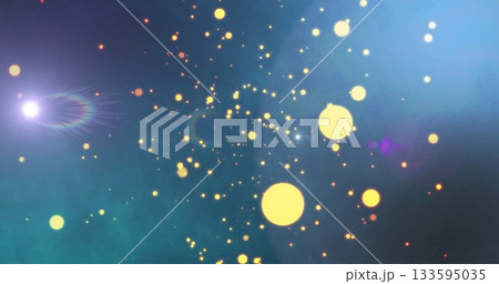 Radiating yellow orbs drifting across deep blue-green field with orange specks, flare reflections 133595035