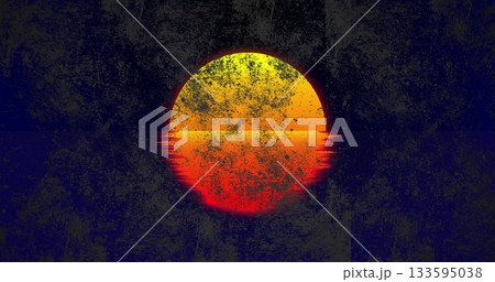 Shining stylized sun circle glowing at horizon, with reflection on water and grunge texture overlay Shining stylized sun circle glowing at horizon, with reflection on water and grunge texture overlay 133595038