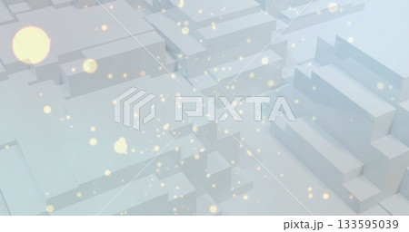 Drifting abstract array of white and grey prisms in virtual 3D scene, with golden particles Drifting abstract array of white and grey prisms in virtual 3D scene, with golden particles 133595039