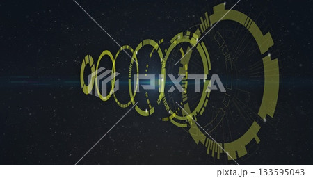 Glowing neon green HUD rings rotating in virtual starfield, with lens flare effect and star specks 133595043