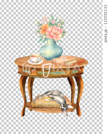 Interior fragment with pet, book on retro table, cup of tea, vase with flowers and pearl jewelry. Sphynx cat hangs down from animal bedding. Watercolor isolated illustration in vintage cozy design Interior fragment with pet, book on retro table, cup of tea, vase with flowers and pearl jewelry. Sphynx cat hangs down from animal bedding. Watercolor isolated illustration in vintage cozy design 133595132
