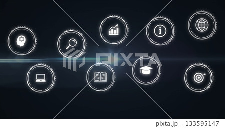 Displaying nine white circular icons on dark digital interface, with innovation and analytics Displaying nine white circular icons on dark digital interface, with innovation and analytics 133595147