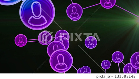 Connecting neon purple user profile icons with lines in dark digital space, with green streaks 133595148