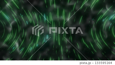 Rippling digital wave undulating in virtual space, with glowing green light streaks Rippling digital wave undulating in virtual space, with glowing green light streaks 133595164
