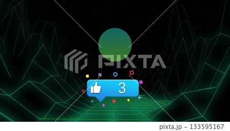 Hovering blue alert bubble showing thumbs-up three above neon grid floor with colorful shapes Hovering blue alert bubble showing thumbs-up three above neon grid floor with colorful shapes 133595167