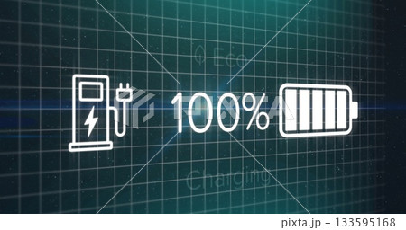 Displaying dashboard showing 100% charge at interface, with battery, plug and lightning bolt icons Displaying dashboard showing 100% charge at interface, with battery, plug and lightning bolt icons 133595168