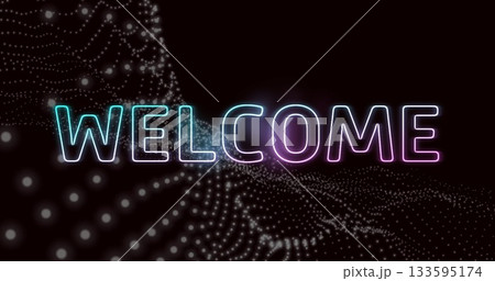 Displaying neon WELCOME text floating above particle grid in dark space, tech welcome screen 133595174