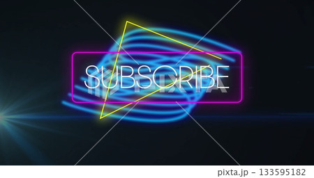 Neon-lit SUBSCRIBE sign glowing in studio backdrop, with blue swirls and magenta yellow borders Neon-lit SUBSCRIBE sign glowing in studio backdrop, with blue swirls and magenta yellow borders 133595182
