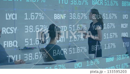 Presenting analyst in navy dress pointing at whiteboard in glass room with tickers, copy space Presenting analyst in navy dress pointing at whiteboard in glass room with tickers, copy space 133595203