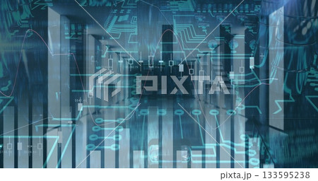 Displaying financial visuals over server racks in server room corridor, including binary code 133595238