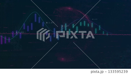 Trading interface displaying candlestick bars, line graph and fuchsia particle arc on dark screen 133595239