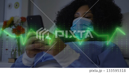 Reclining patient wearing surgical mask and gown, viewing smartphone in bed with ECG overlay Reclining patient wearing surgical mask and gown, viewing smartphone in bed with ECG overlay 133595318