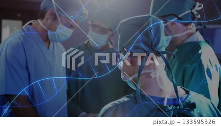 Team of four surgeons wearing scrub caps masks gowns gloves operating in OR, with DNA overlay Team of four surgeons wearing scrub caps masks gowns gloves operating in OR, with DNA overlay 133595326