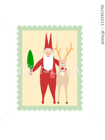 クリスマスのイラスト　切手　サンタクロース　トナカイ　かわいいモール　ベクター 133595740