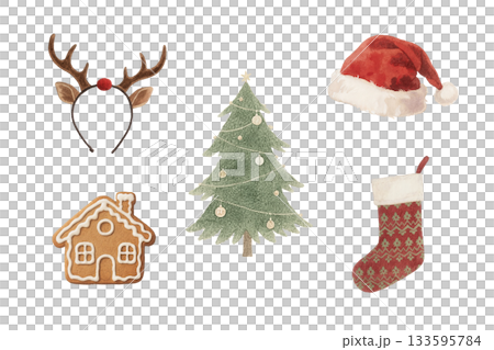 水彩　アンティーク　クリスマスイラスト　5点セット　AI 133595784