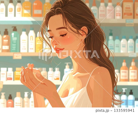 商品棚の前で商品を選ぶ女性 商品棚の前で商品を選ぶ女性 133595941