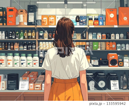 商品棚の前で商品を選ぶ女性 商品棚の前で商品を選ぶ女性 133595942