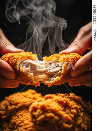 揚げたてのフライドチキンを手で割る瞬間 立ち昇る湯気とジューシーな断面 133596088