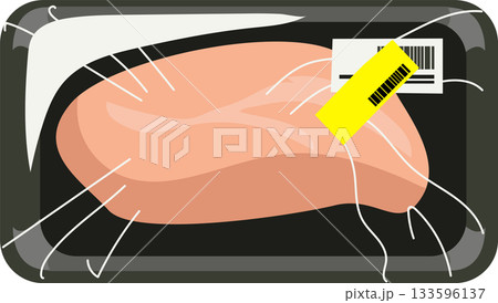 Raw Chicken Breast in Sealed Plastic Tray with Discount Label for Grocery Store and Budget Shopping 133596137