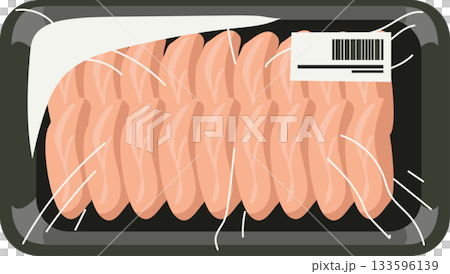 Top view of packaged raw chicken breast slices in sealed plastic tray with barcode label for grocery store 133596139